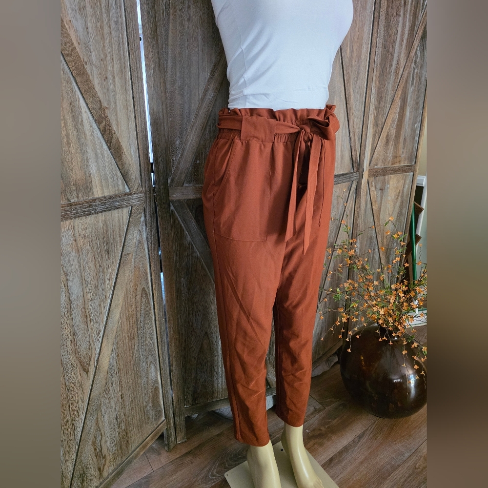 Grace Karin Terracotta Tie-Waist Rust Color Pants
